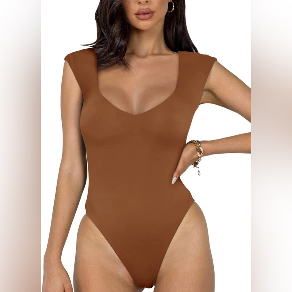 Women's Trendy Casual V Neck Double Lined Sleeveless Slimming Tank Top Bodysuit